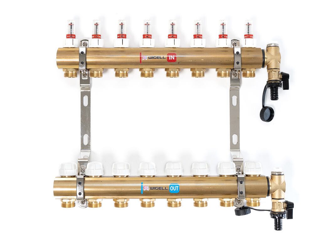 Wigell Podlahový rozdělovač WIGELL, 8 okruhů, mosazný + odvzdušňování na klíč