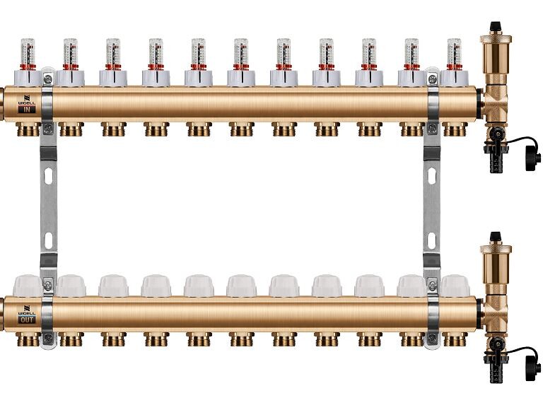 Wigell Podlahový rozdělovač WIGELL, 11 okruhů, mosazný + odvzdušňování na klíč