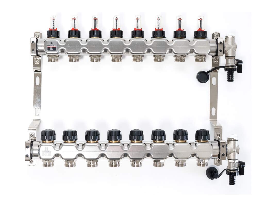 Wigell Podlahový rozdělovač WIGELL, 8 okruhů, nerez + odvzdušňování na klíč