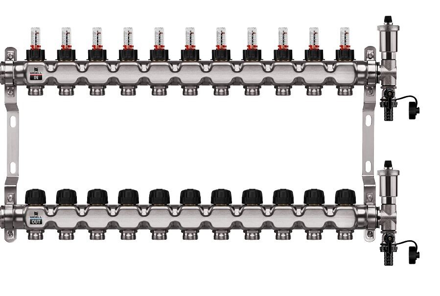Wigell Podlahový rozdělovač WIGELL, 11 okruhů, nerez + odvzdušňování na klíč