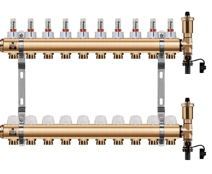 Wigell Podlahový rozdělovač WIGELL, 10 okruhů, mosazný + automatické odvzdušňování