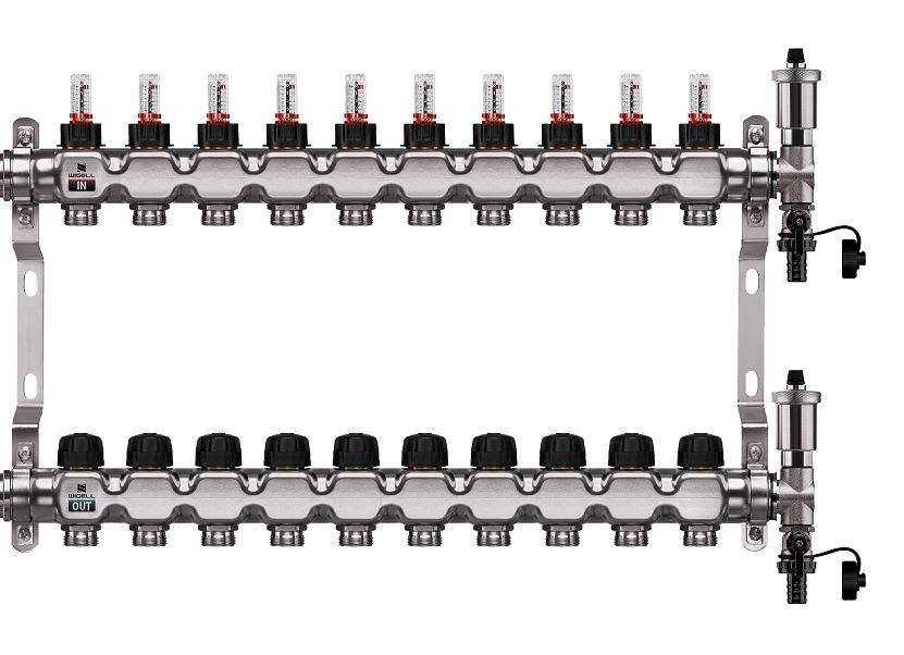 Wigell Podlahový rozdělovač WIGELL, 10 okruhů, nerez + automatické odvzdušňování