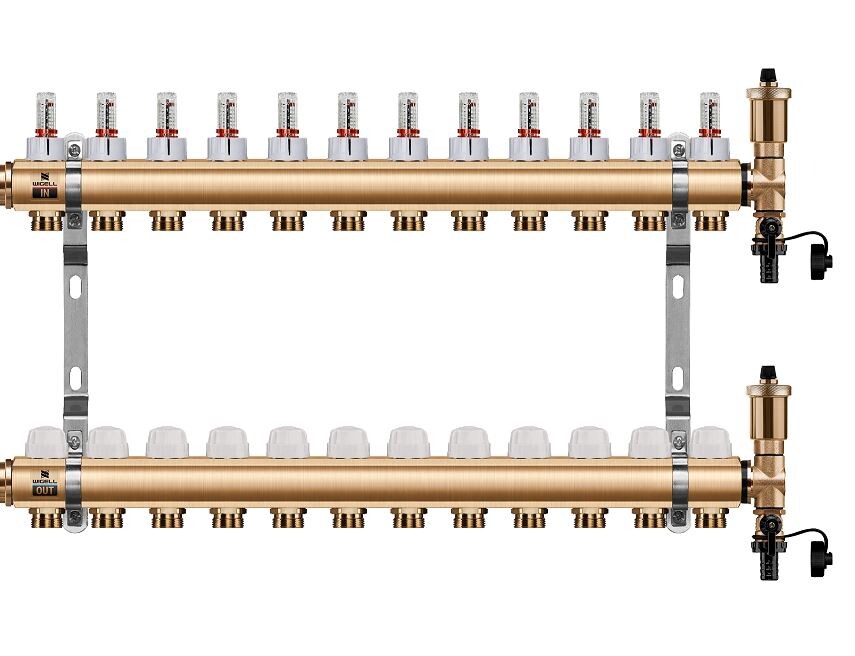 Wigell Podlahový rozdělovač WIGELL, 12 okruhů, mosazný + automatické odvzdušňování