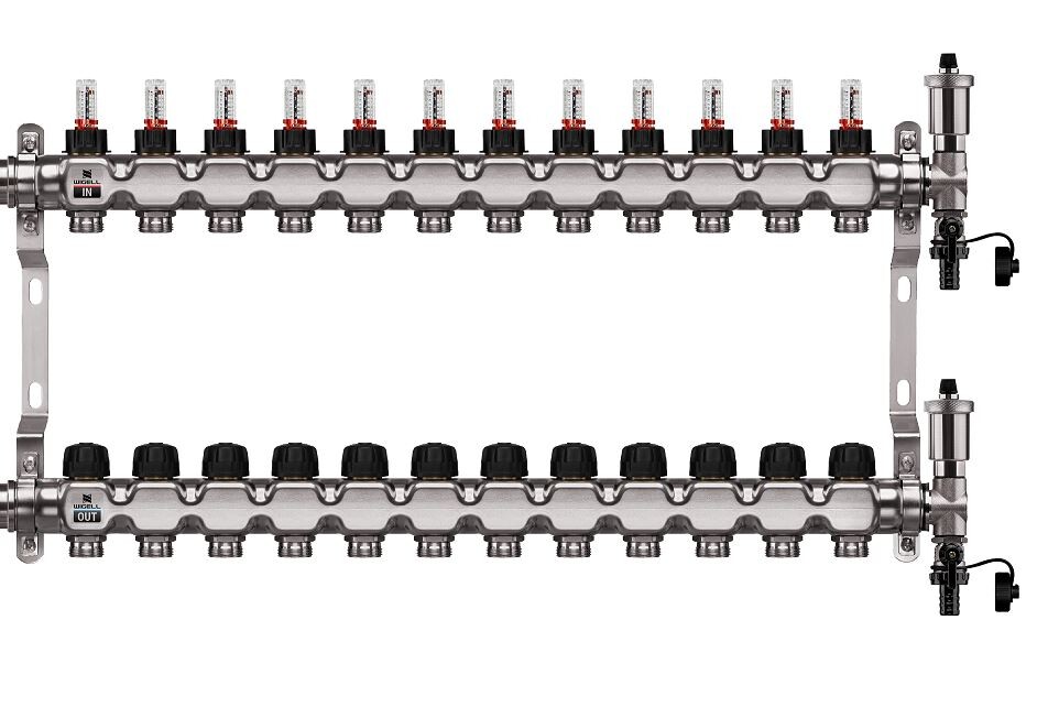 Wigell Podlahový rozdělovač WIGELL, 12 okruhů, nerez + automatické odvzdušňování
