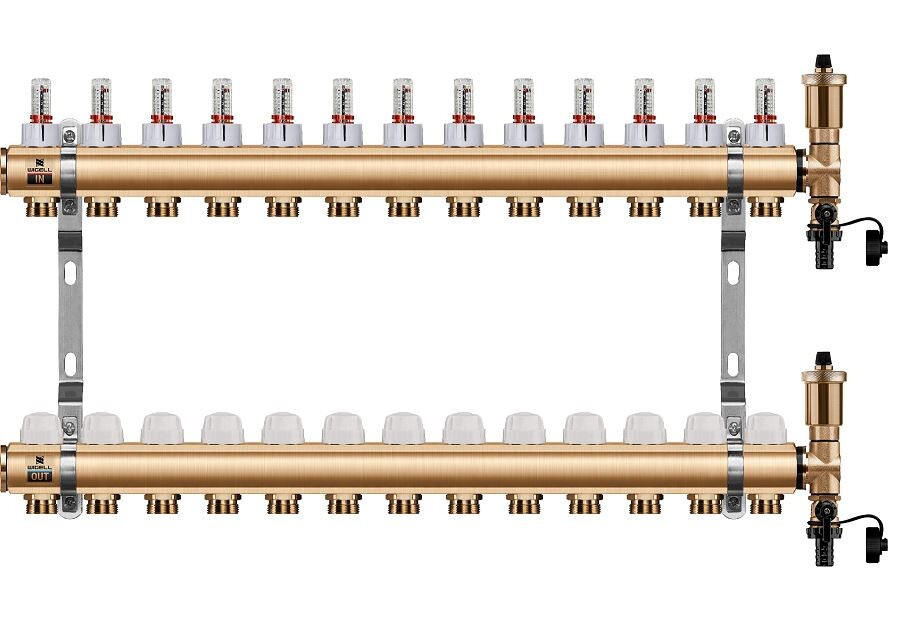 Wigell Podlahový rozdělovač WIGELL, 13 okruhů, mosazný + automatické odvzdušňování