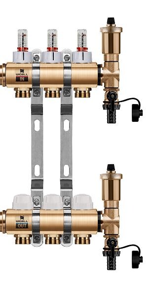 Wigell Podlahový rozdělovač WIGELL, 3 okruhy, mosazný + automatické odvzdušňování