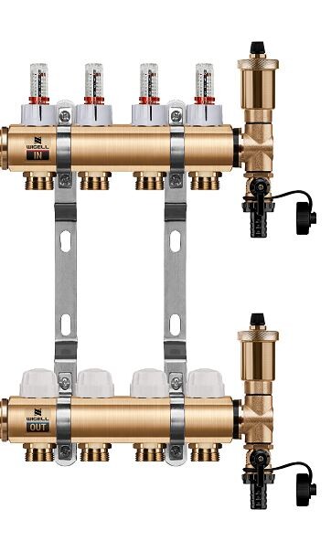 Wigell Podlahový rozdělovač WIGELL, 4 okruhy, mosazný + automatické odvzdušňování