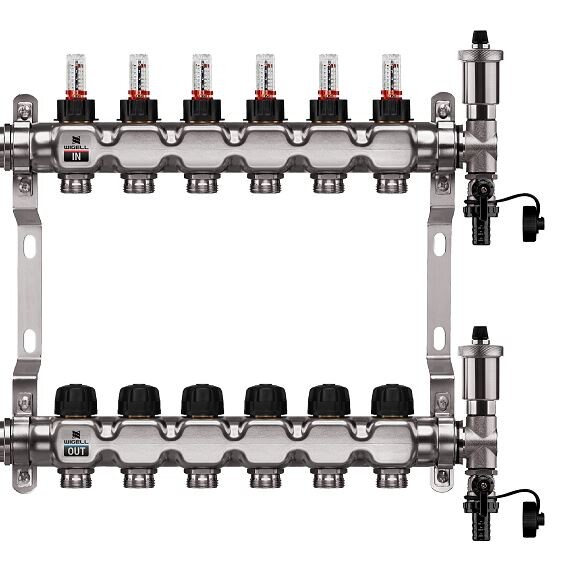 Wigell Podlahový rozdělovač WIGELL, 6 okruhů, nerez + automatické odvzdušňování