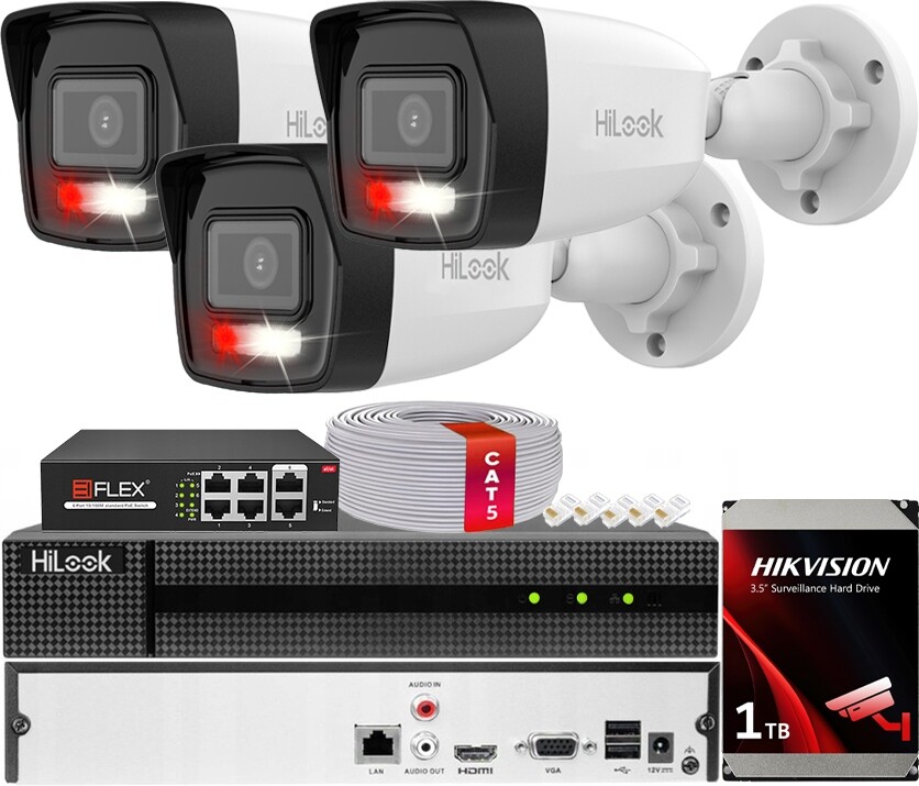 8MPx Ip monitorovací sada HiLook od Hikvision 3x IPCAM-B8-30DL Detekce Ai