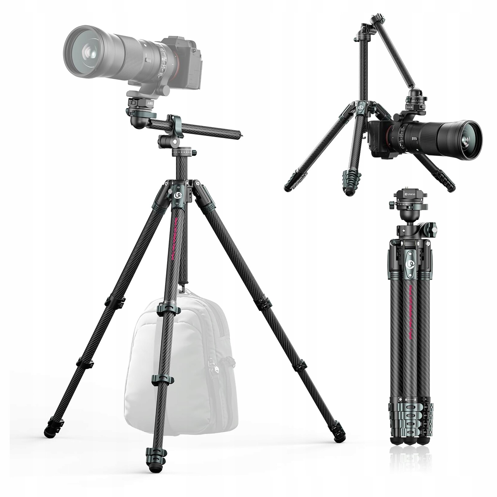 Fotografický stativ 186 cm, karbonový, cestovní pro fotoaparát, filmařskou kameru