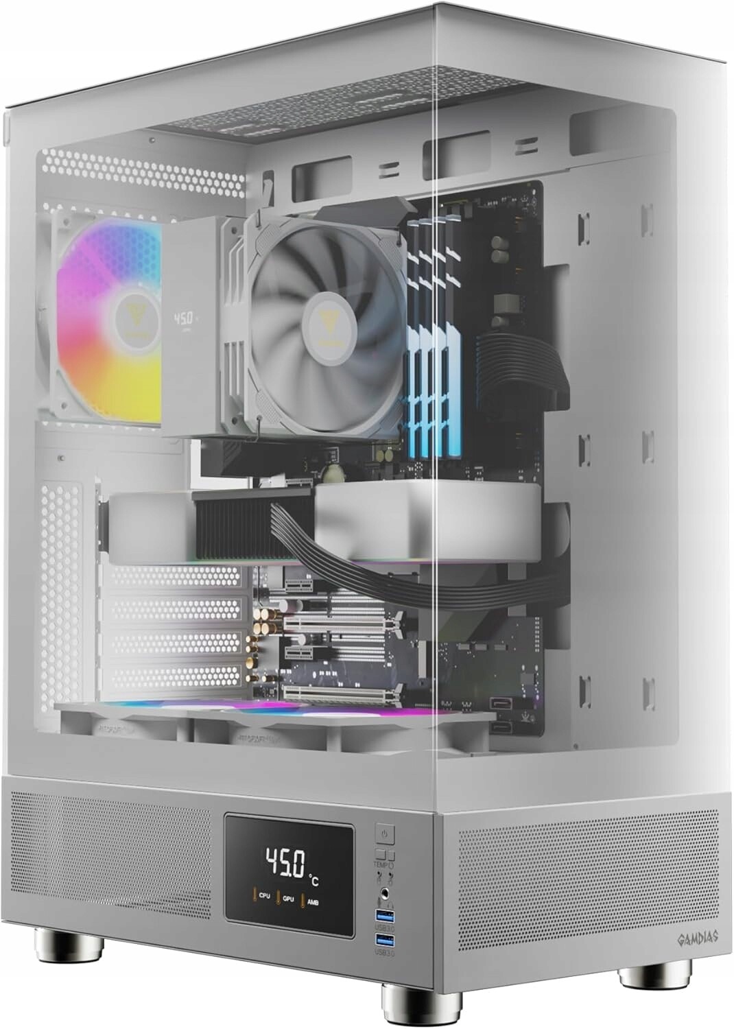 Počítačová Skříň počítače Atx Atlas E1 bílé sklo Argb 3 ventilátory displej