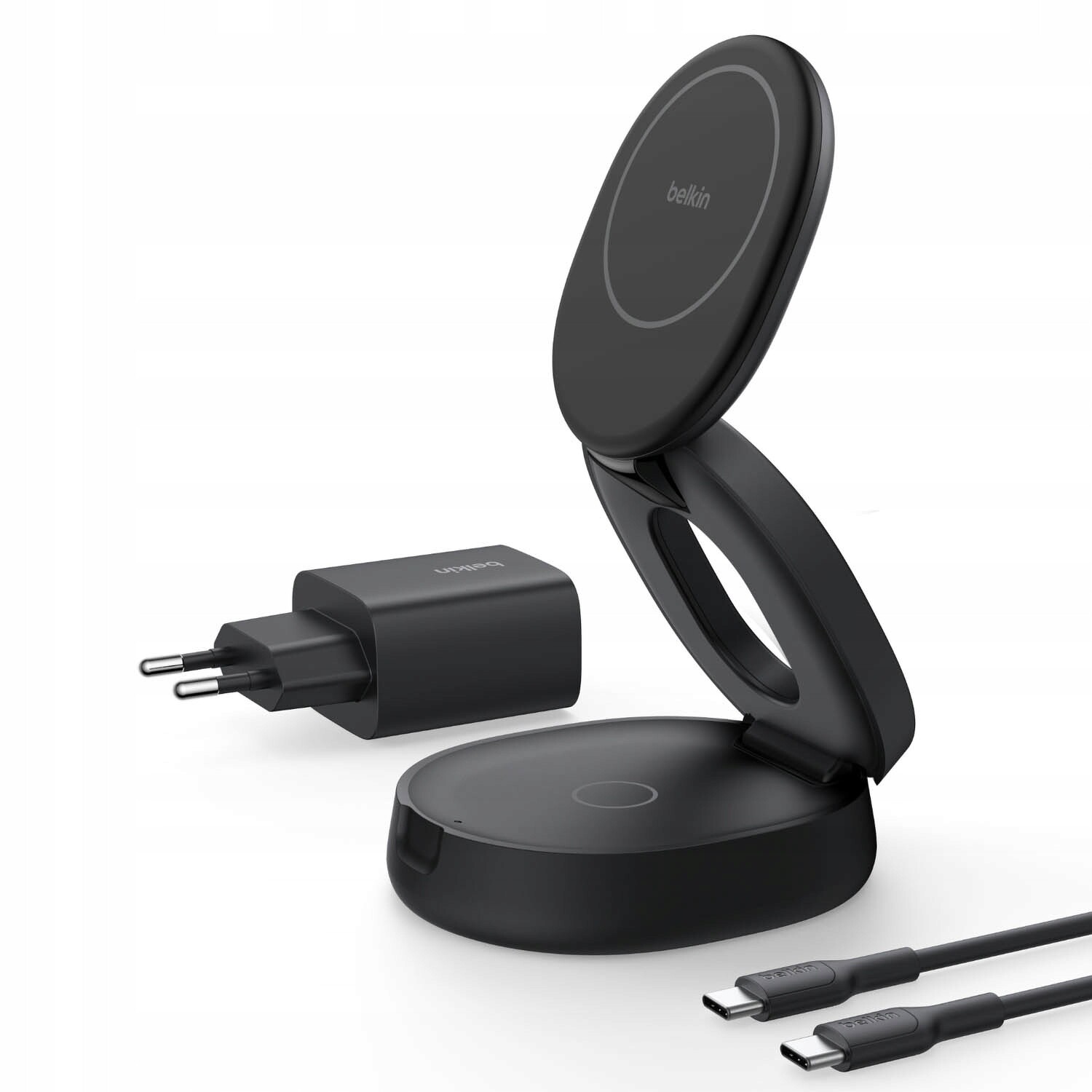 Belkin Magnetická nabíječka 2v1, skládací, Qi2 15W, napájecí zdroj 30W, černá