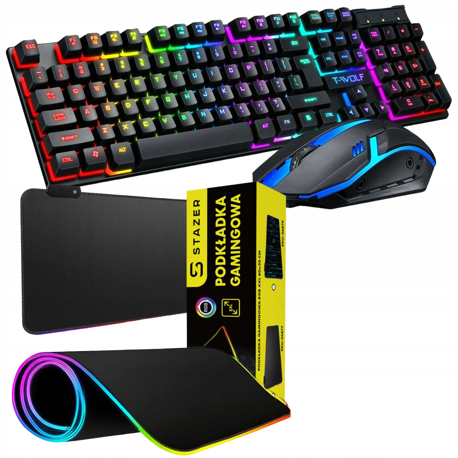 Sada Pro Hráče T-wolf Klávesnice Rgb Myš 2400DPI Podložka Led XXL