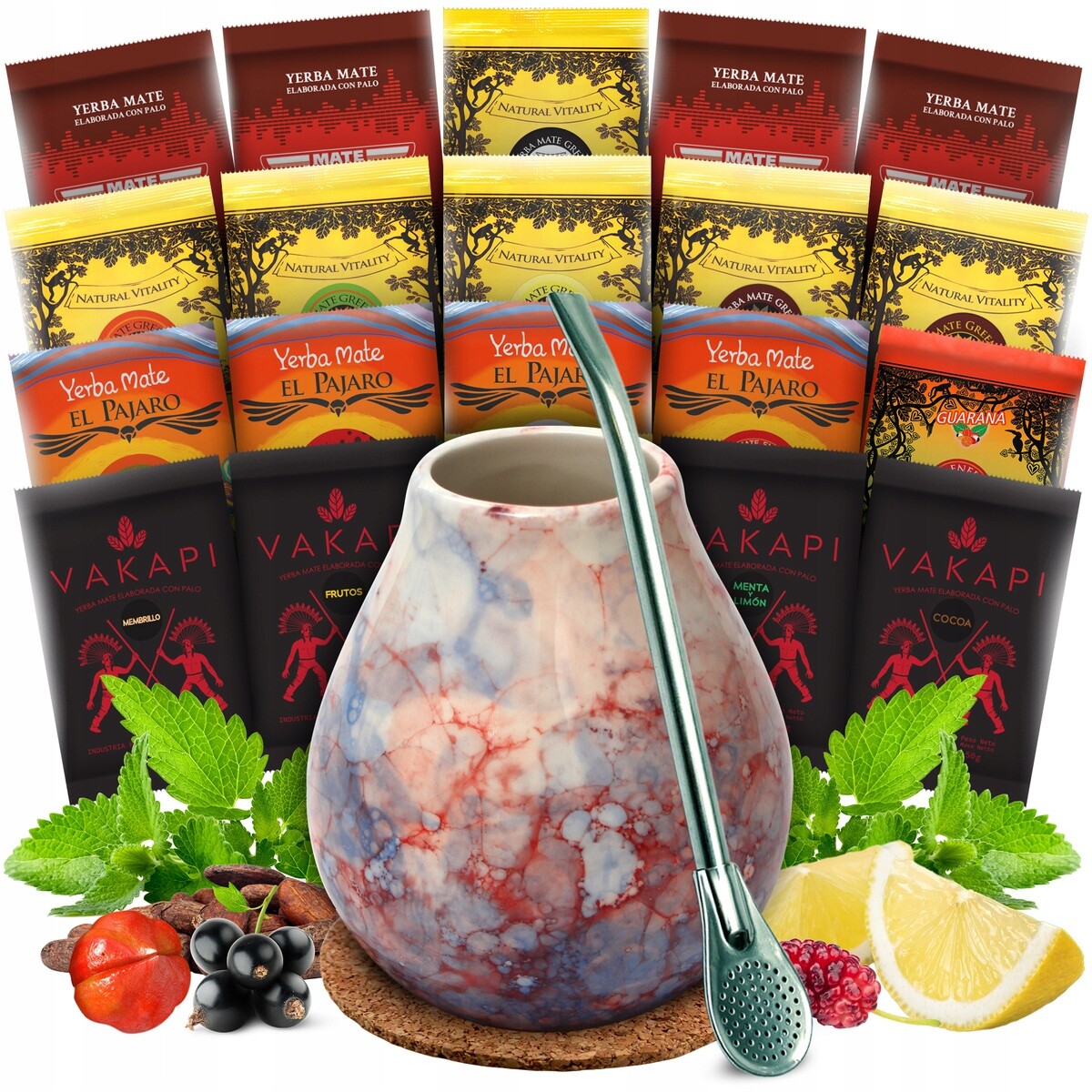 Sada Yerba Mate Zvětšená 20x50g Ovocný MIX 1kg Příslušenství Bombilla