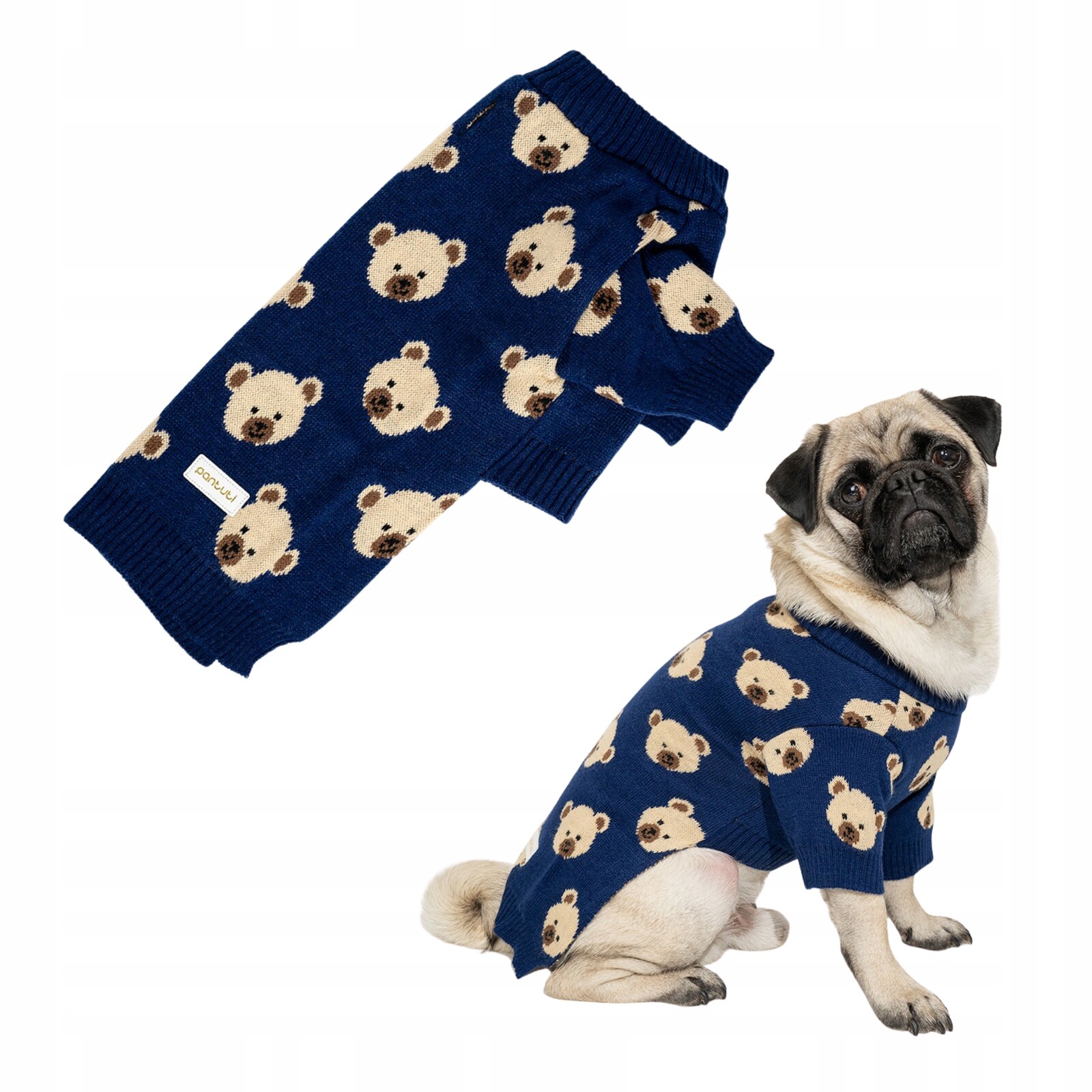 Teplý elastický svetr pro psa v modré barvě s medvídkem Benito 3XL