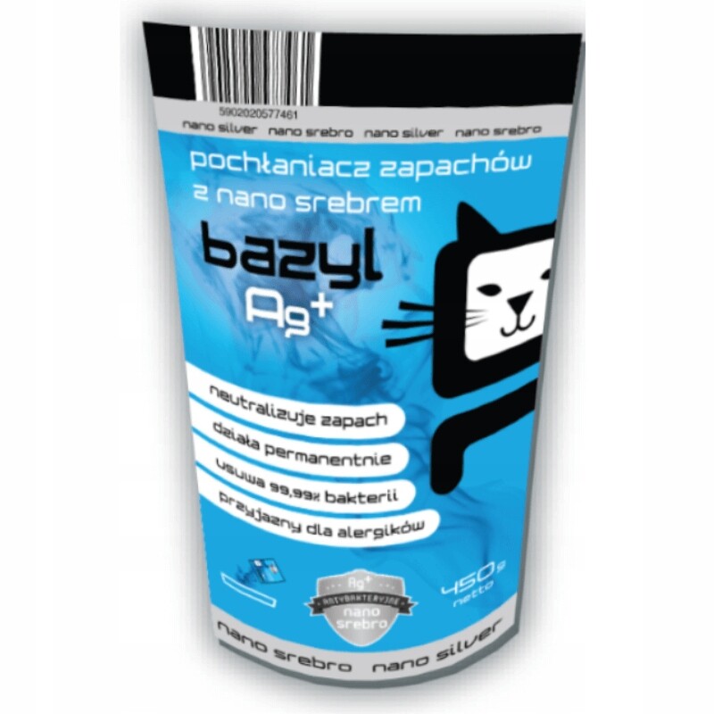 Pohlcovač Pachu z Kočičí Toalety Bazyl Ag+ Se Stříbrem 450 g Pro Alergiky
