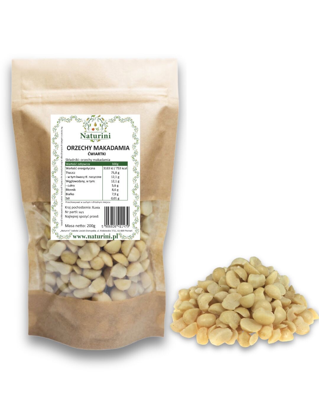 Ořechy Macadamia Makadamia čtvrtky 4s máslová příchuť kvalita 500g Naturini