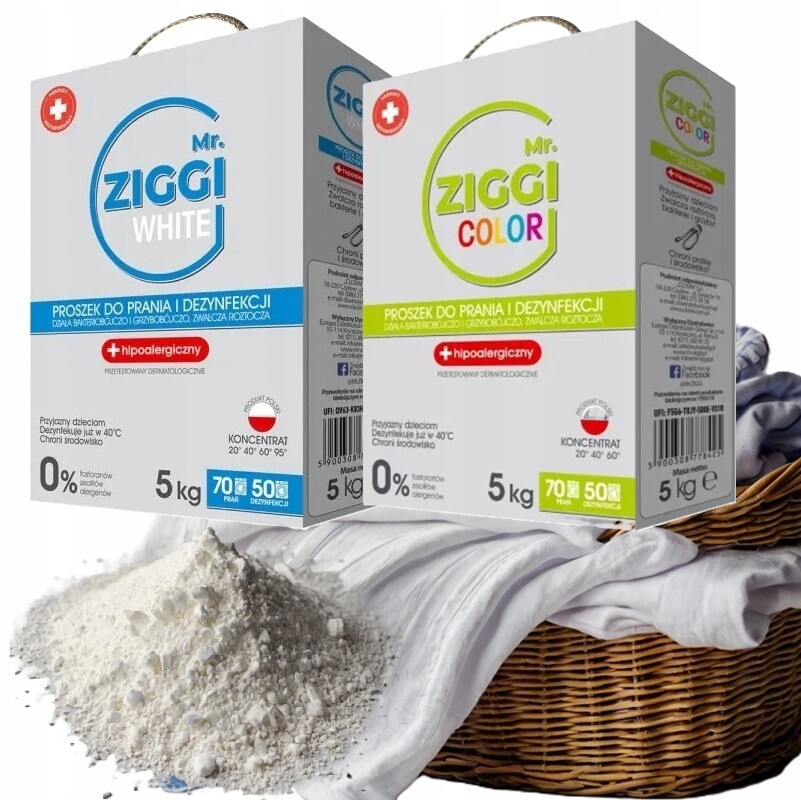 Mr. Ziggi Hypoalergenní prací prášek na bílé a barevné prádlo, 2 x 5 kg