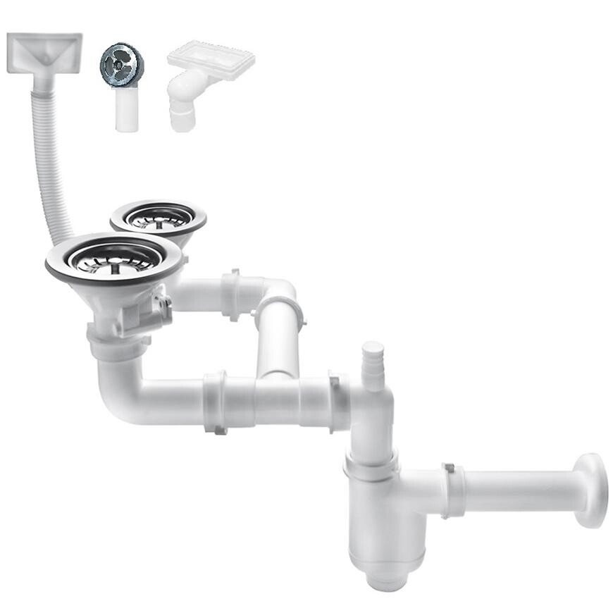 Sifon dřezový 1,5 nebo 2-komorový, připojení k pračce, myčce