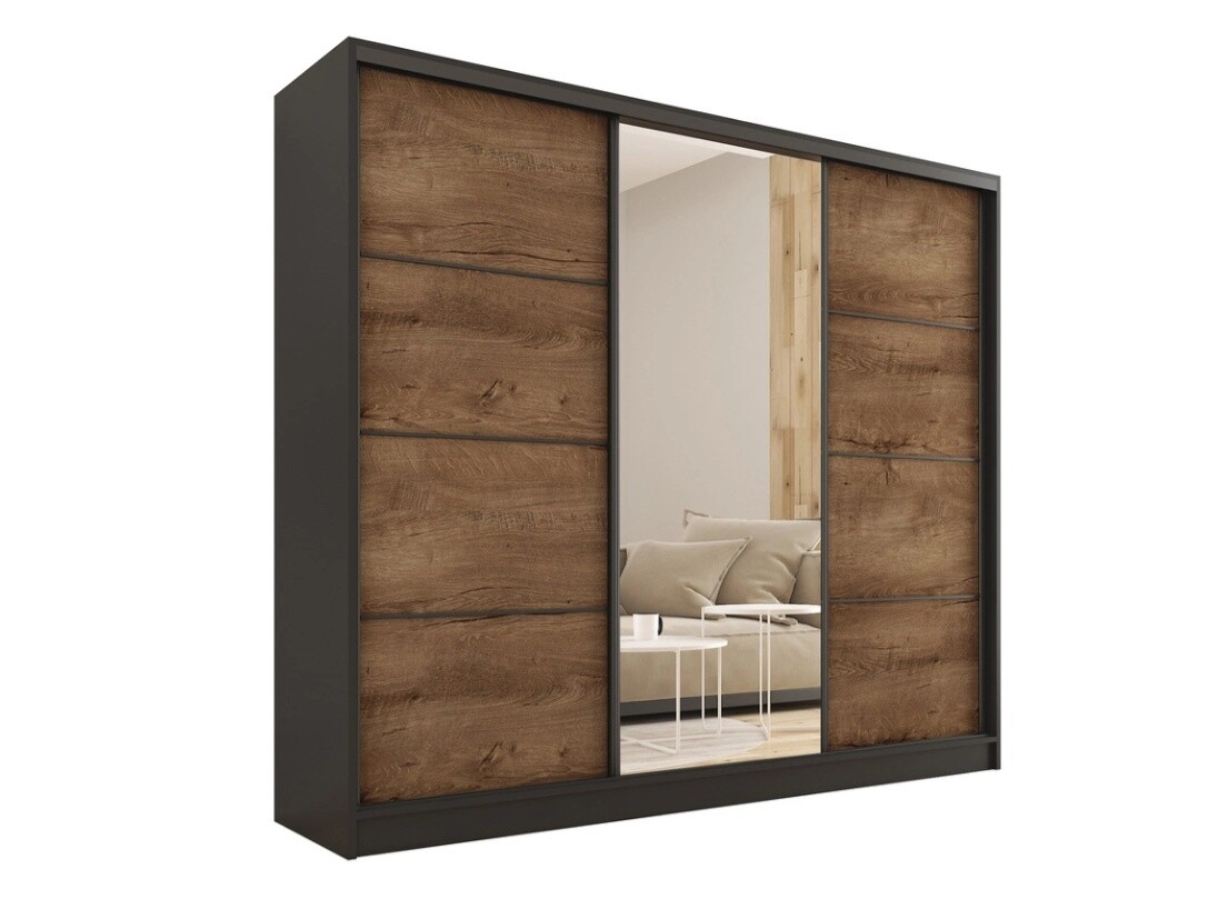 Šatní skříň HARAZIA 200 se zrcadlem, černý mat/ dub lefkas - II. jakost, POUZE OSOBNÍ ODBĚR
