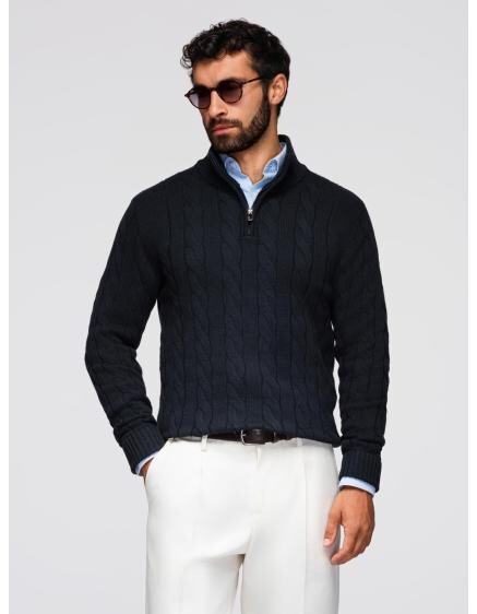 Pánský kostkovaný svetr s rolákem a zipem – černý V2 OM-SWZS-0138