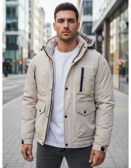 Pánská zimní bunda s kapucí, světle béžová