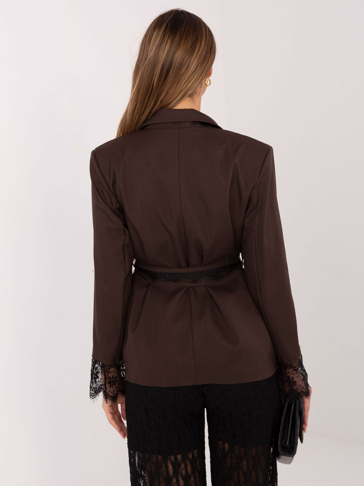 Dámský tmavě hnědý sako s krajkou