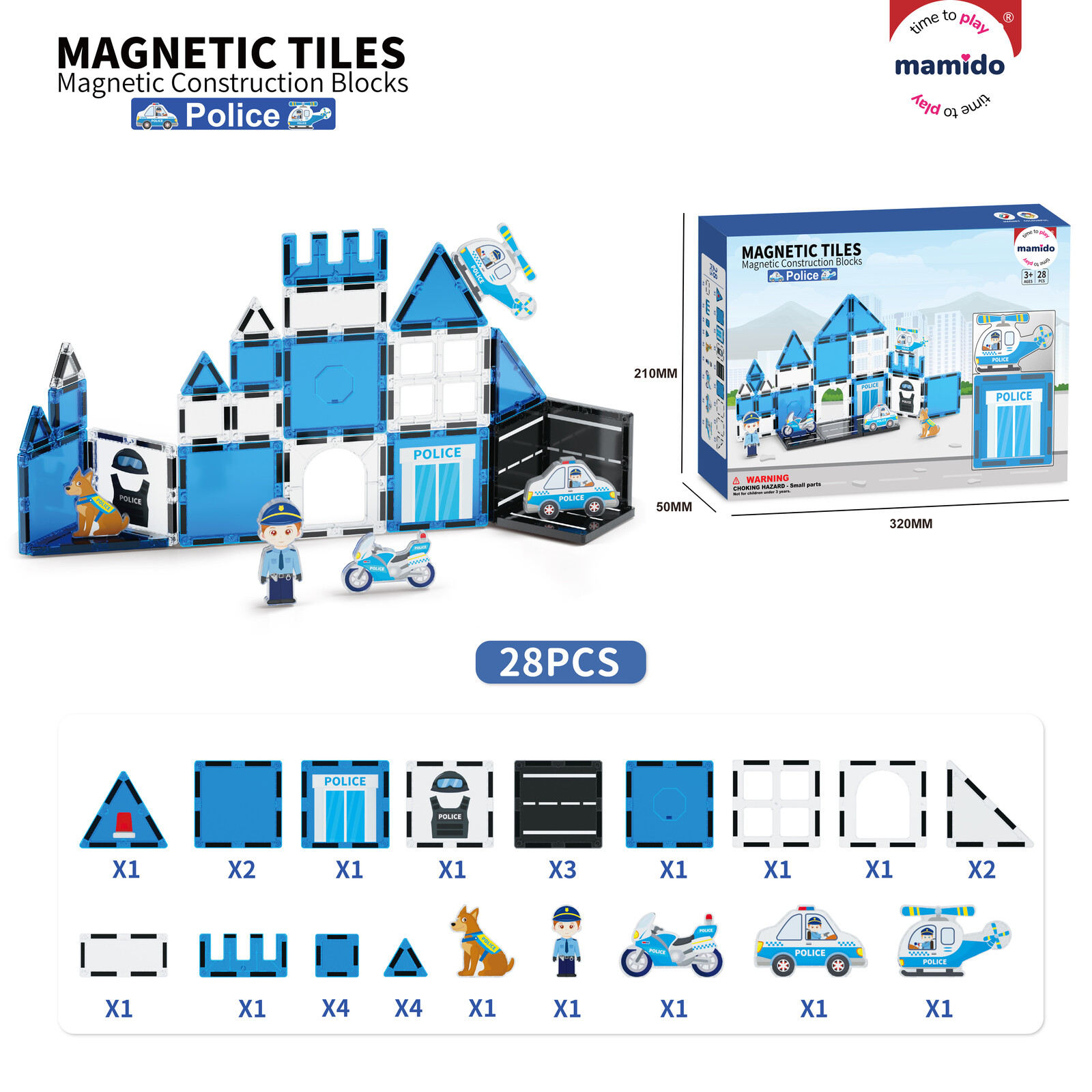 Mamido Magnetická stavebnice policie 28 dílů, policejní motorka, vrtulník, auto, pes MT1479