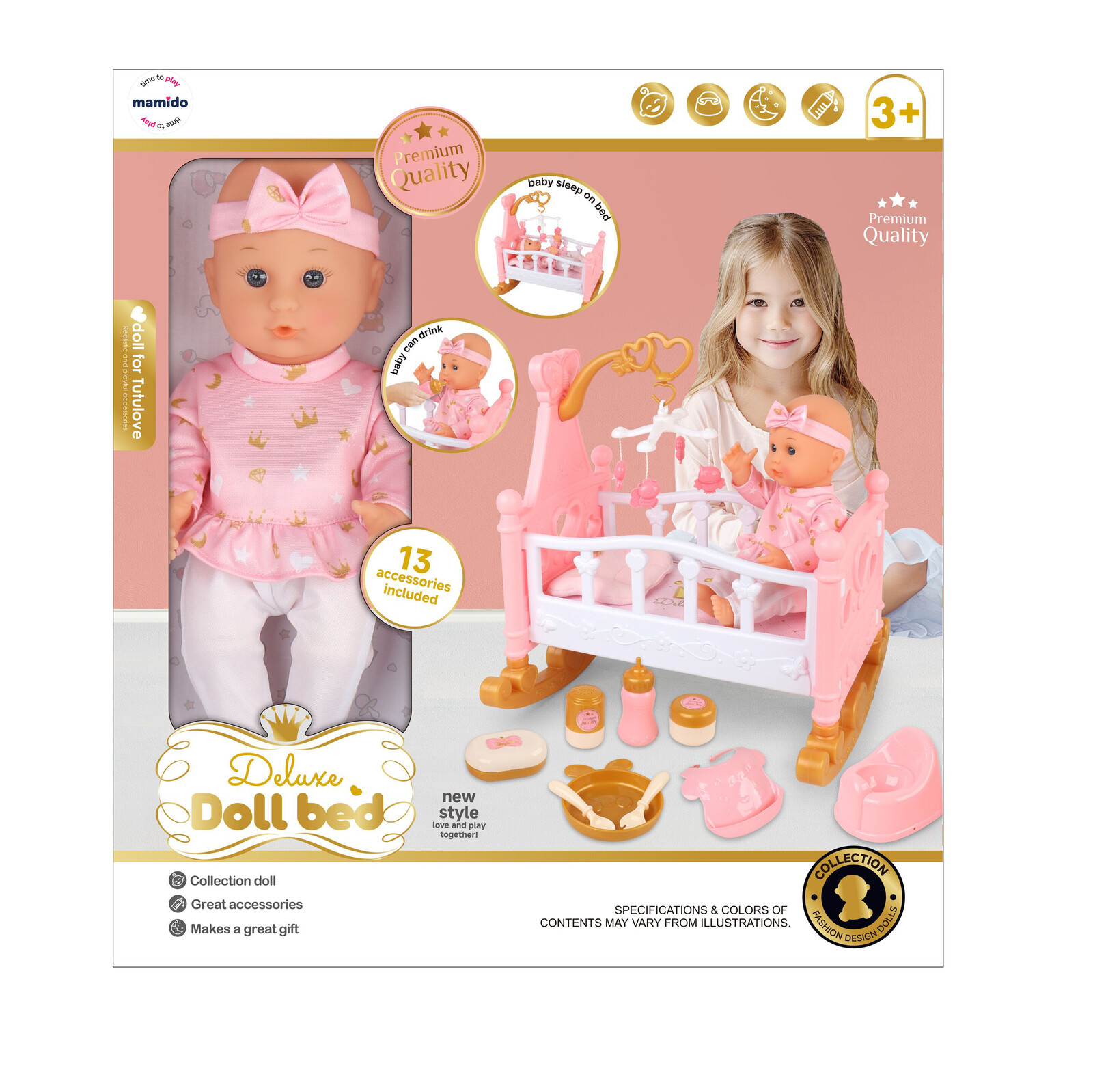 Mamido Panenka miminko s kolébkou Deluxe s 13 doplňky MT1200