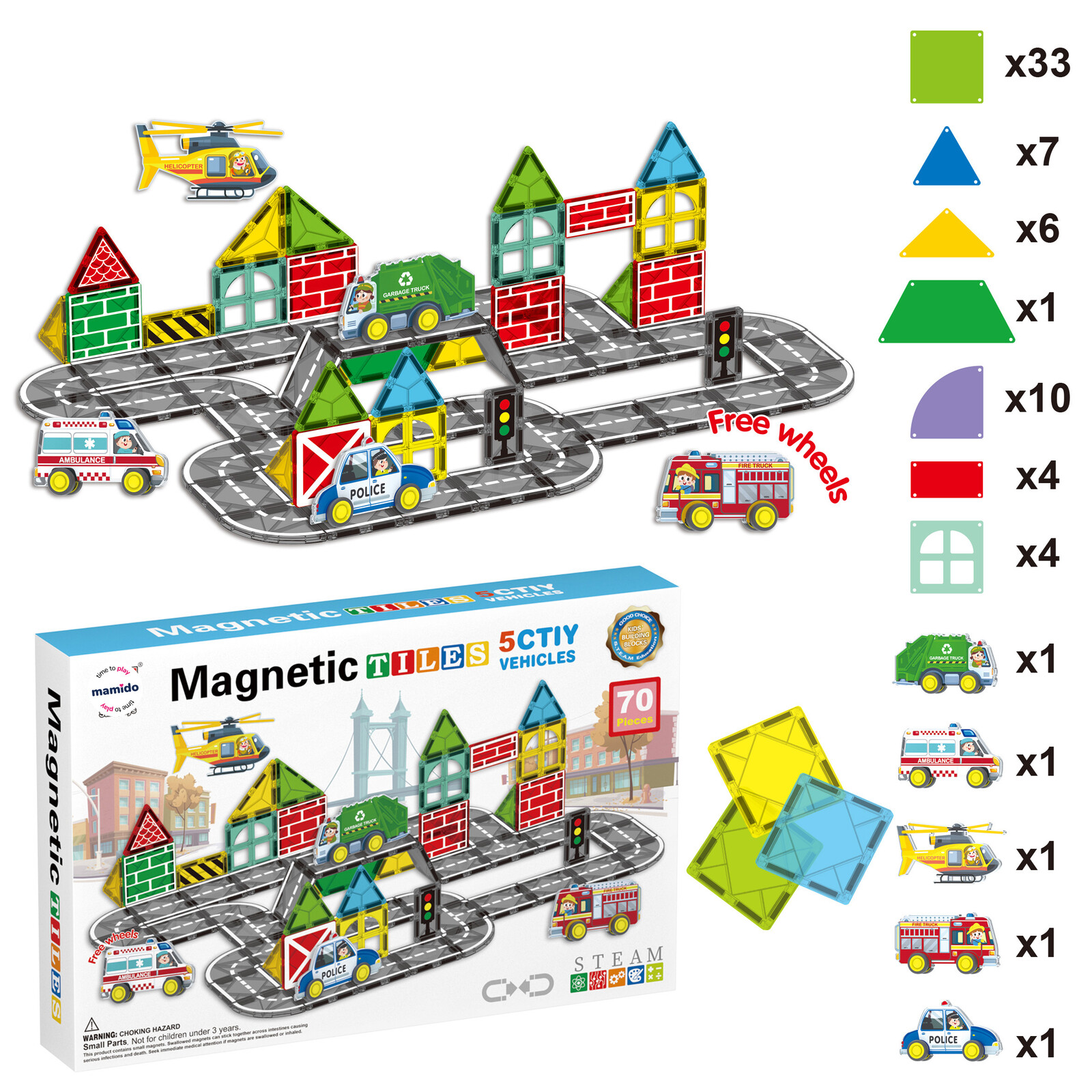 Mamido Magnetická stavebnice město 70 dílů Služební vozidla XL MT1440