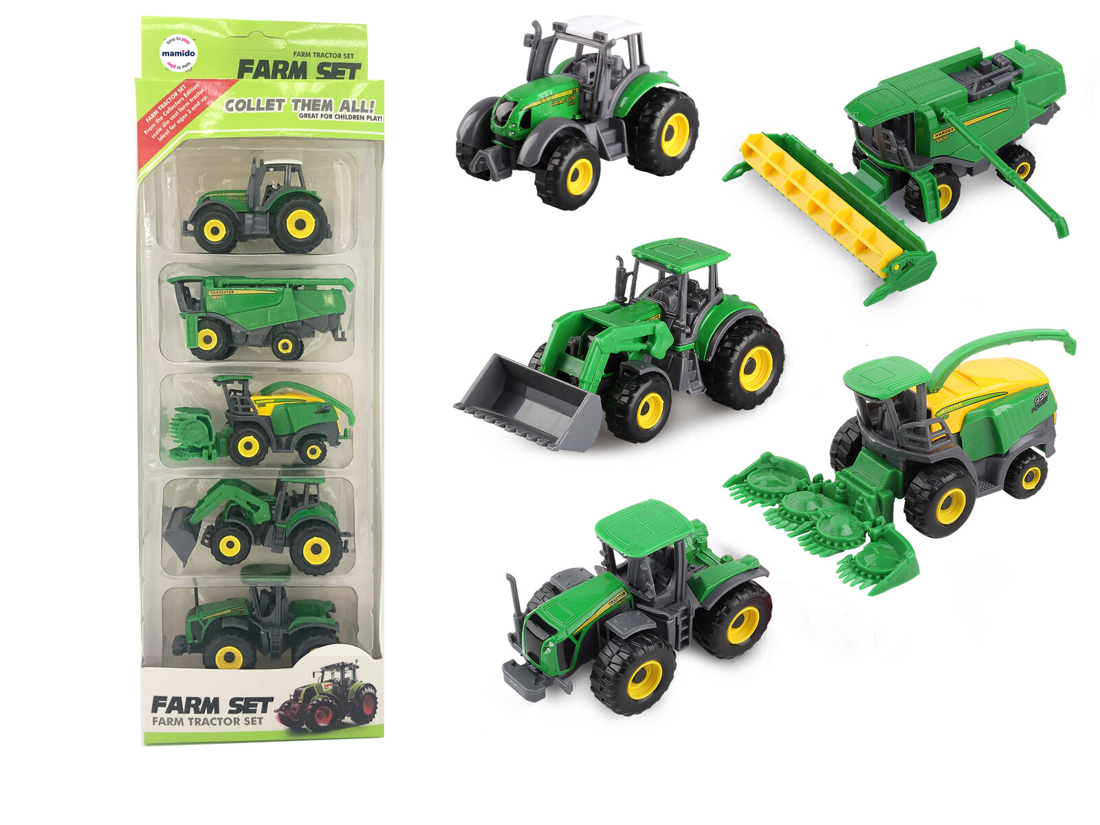 Mamido Farmářský set pěti kovových zemědělských strojů, Traktor, kombajn 1:64 MT1452