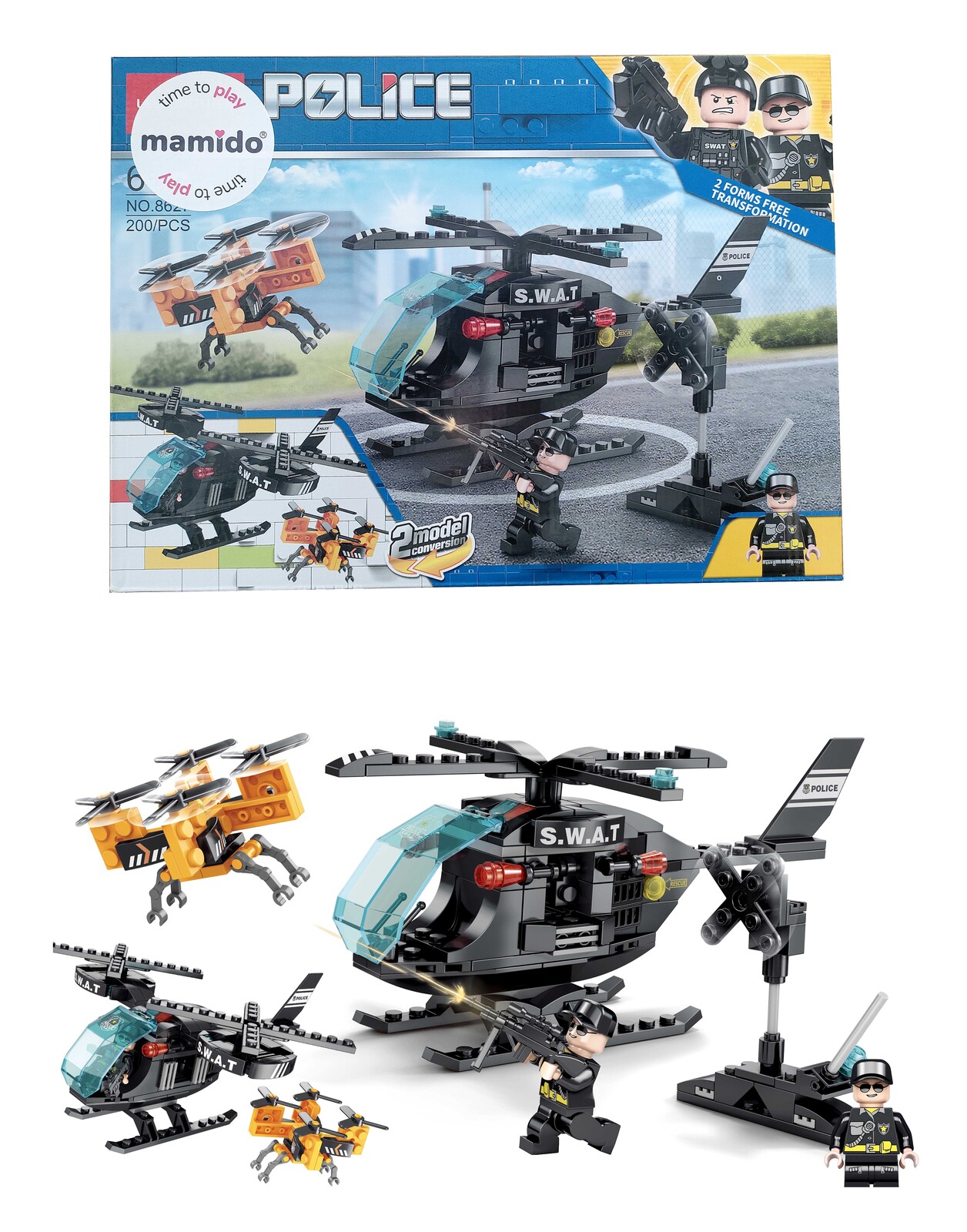 Mamido Stavebnice policejní vrtulníkem s dronem SWAT 2v1 200 dílů MT1130