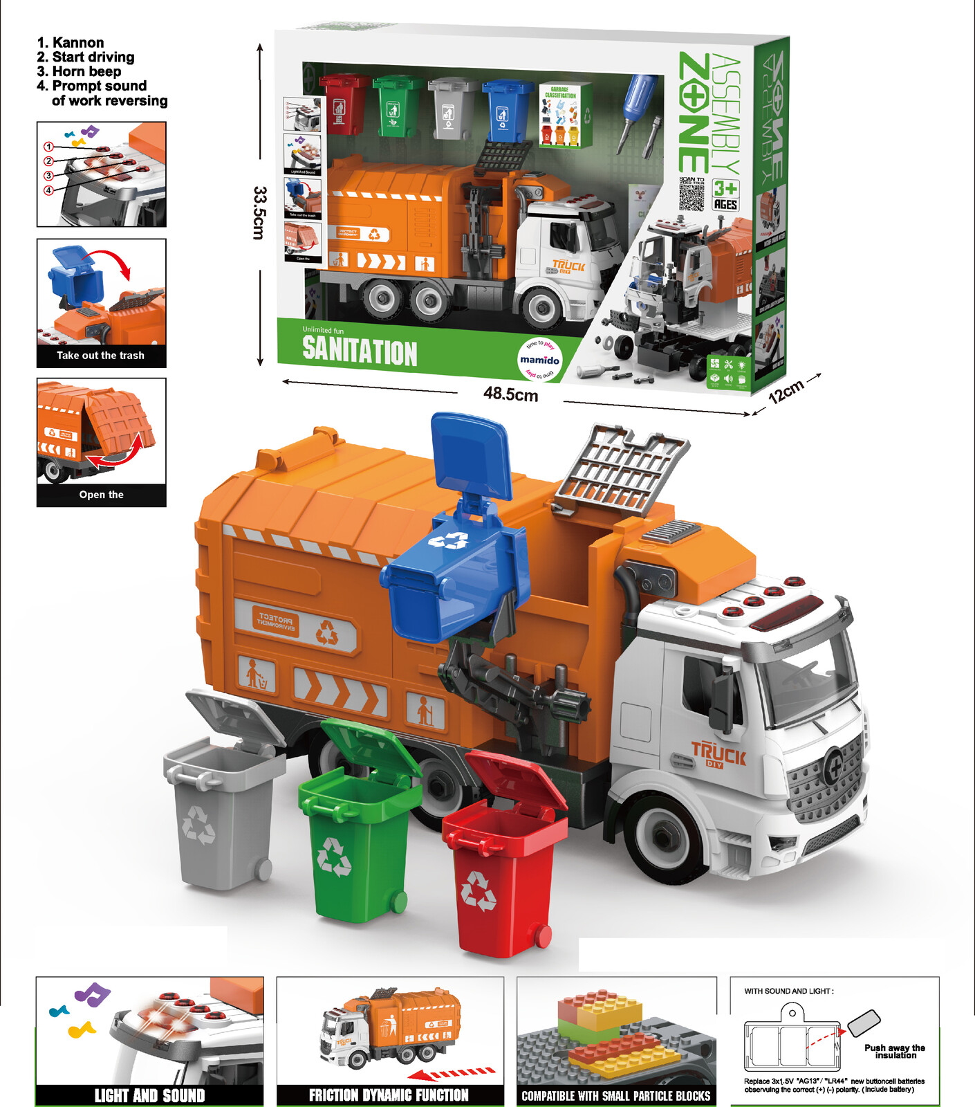 Mamido Velké multifunkční kovové popelářské auto s barevnými kontejnery MT1559