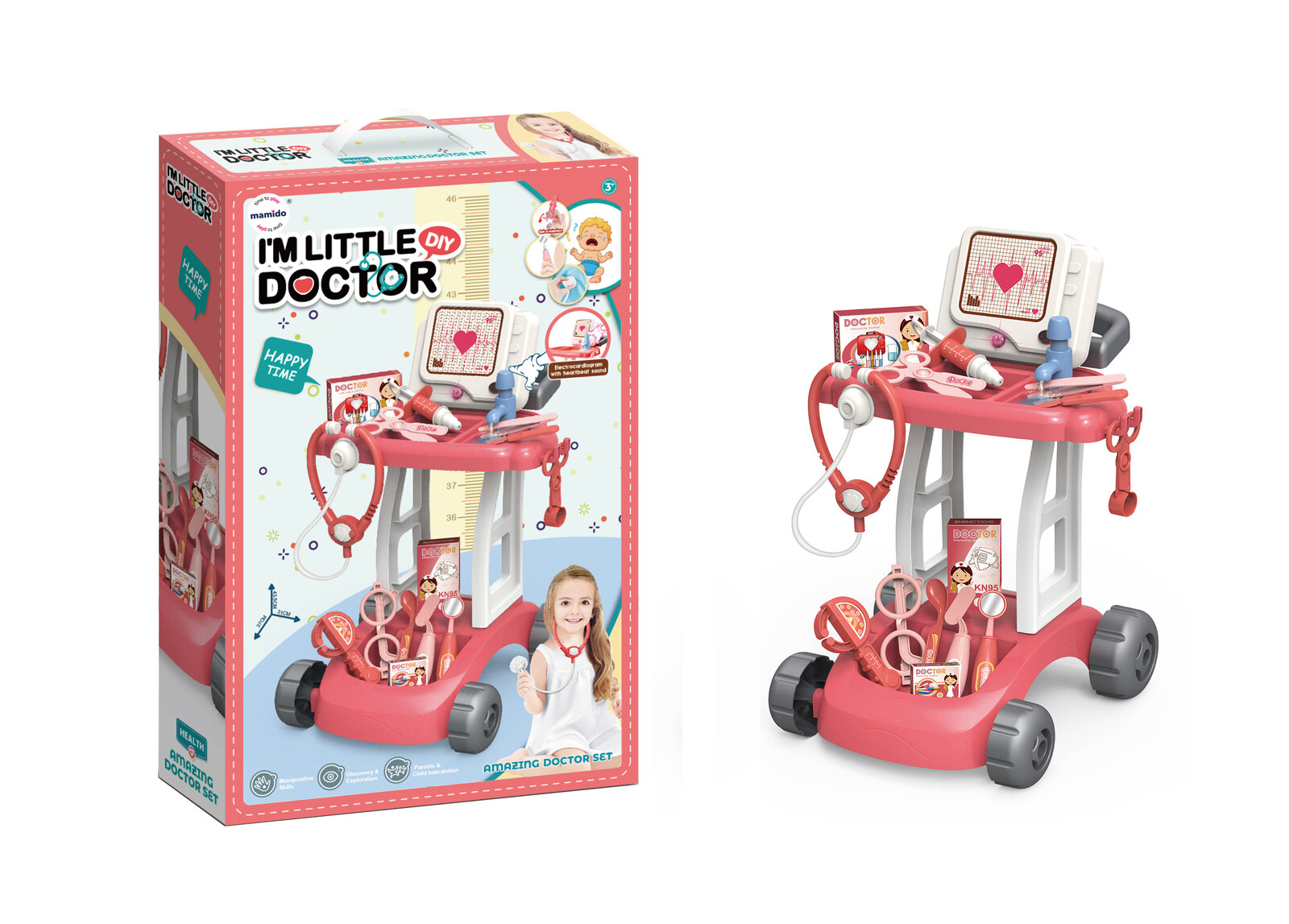 Mamido Dětský lékařský vozík s EKG růžový MT1351