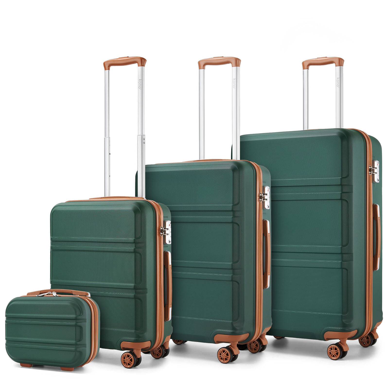 KONO Set 4 cestovních kufrů s horizontálním designem - ABS - zeleno-hnědý - 10L/44L/66L/96L K1871-1L