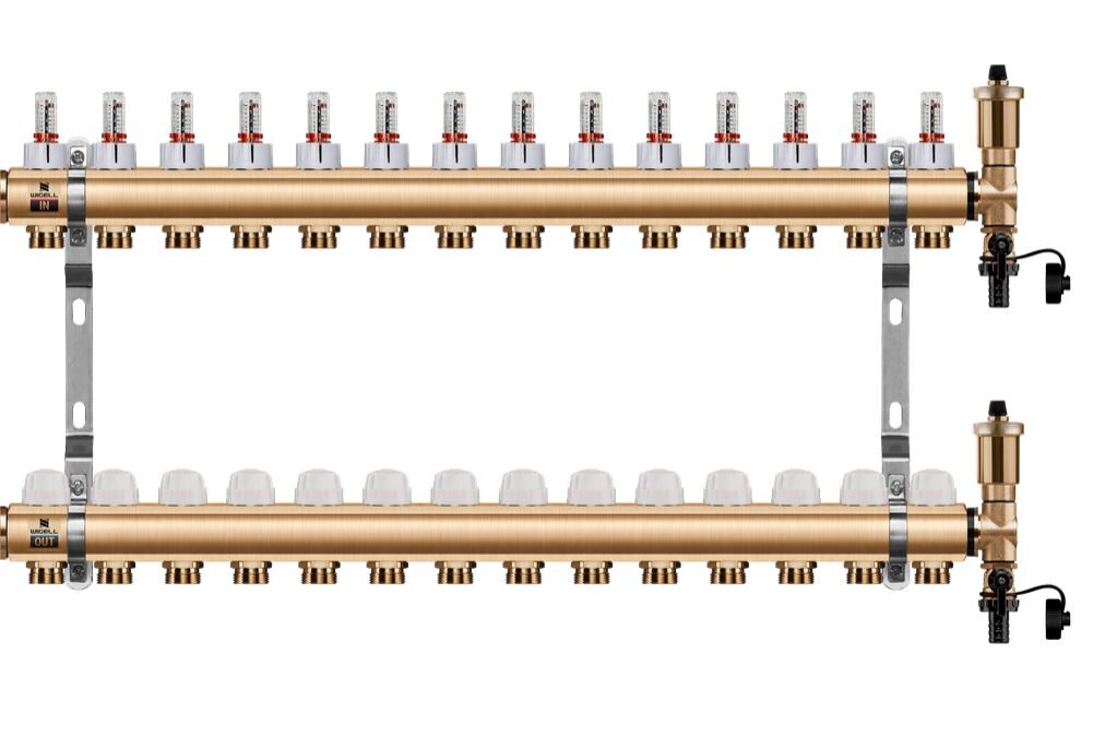 Wigell Podlahový rozdělovač WIGELL, 14 okruhů, mosazný + automatické odvzdušňování