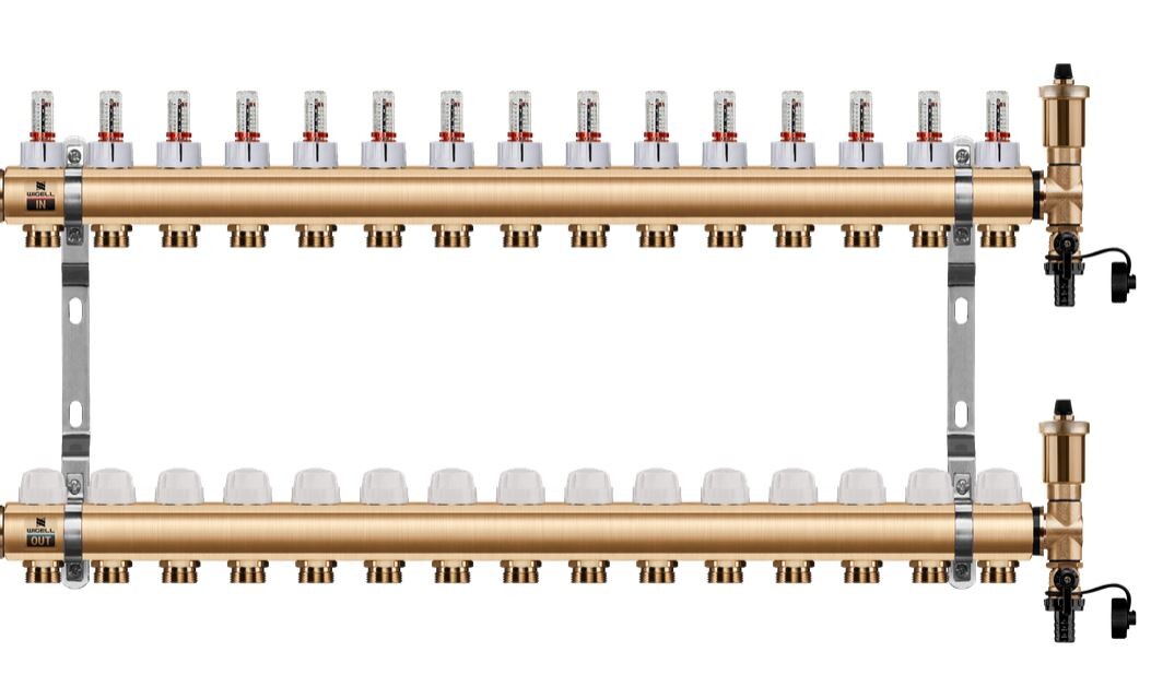 Wigell Podlahový rozdělovač WIGELL, 15 okruhů, mosazný + automatické odvzdušňování