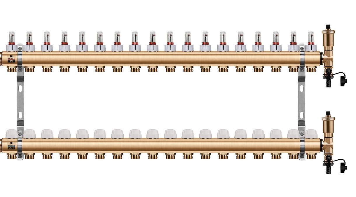 Wigell Podlahový rozdělovač WIGELL, 18 okruhů, mosazný + automatické odvzdušňování