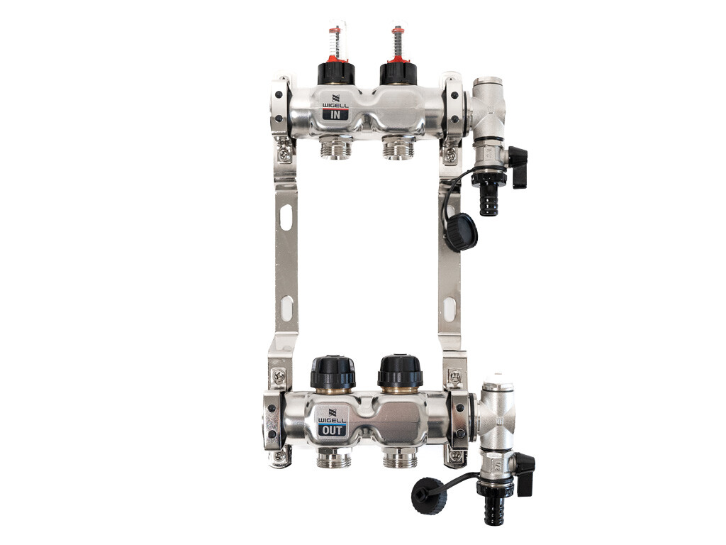 Wigell Podlahový rozdělovač WIGELL, 2 okruhy, nerez + odvzdušňování na klíč