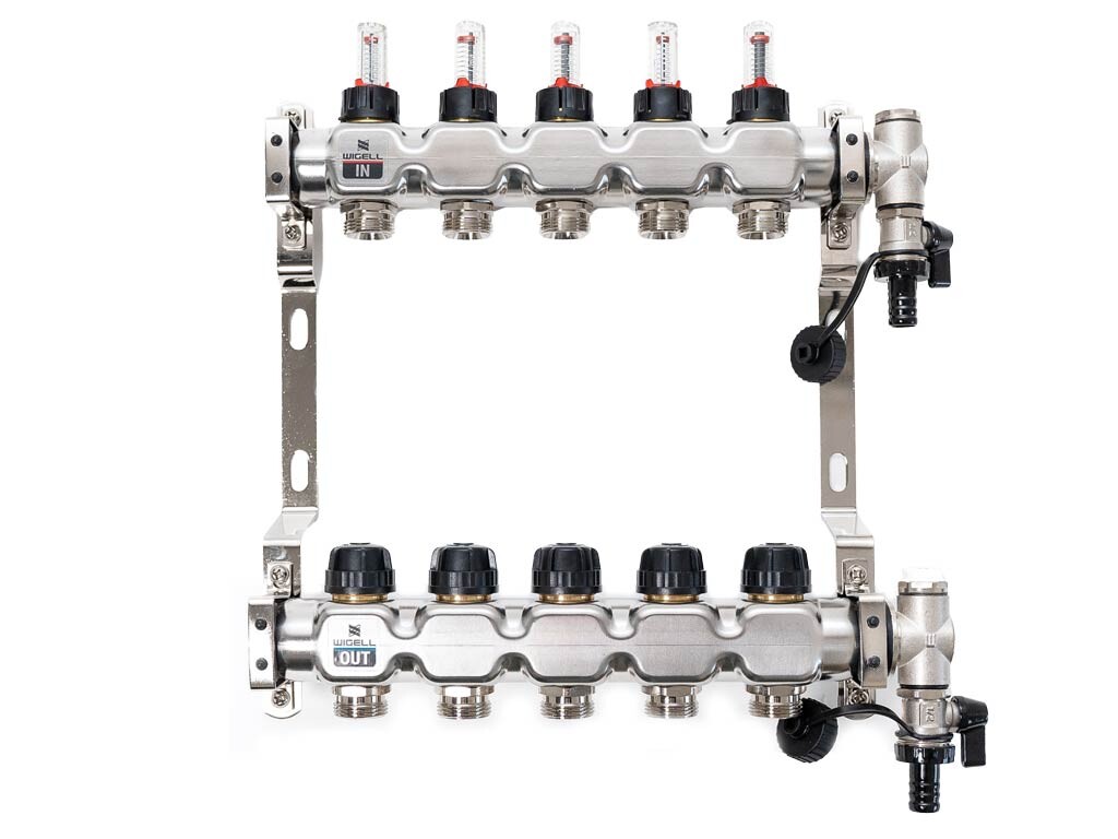 Wigell Podlahový rozdělovač WIGELL, 5 okruhů, nerez + odvzdušňování na klíč