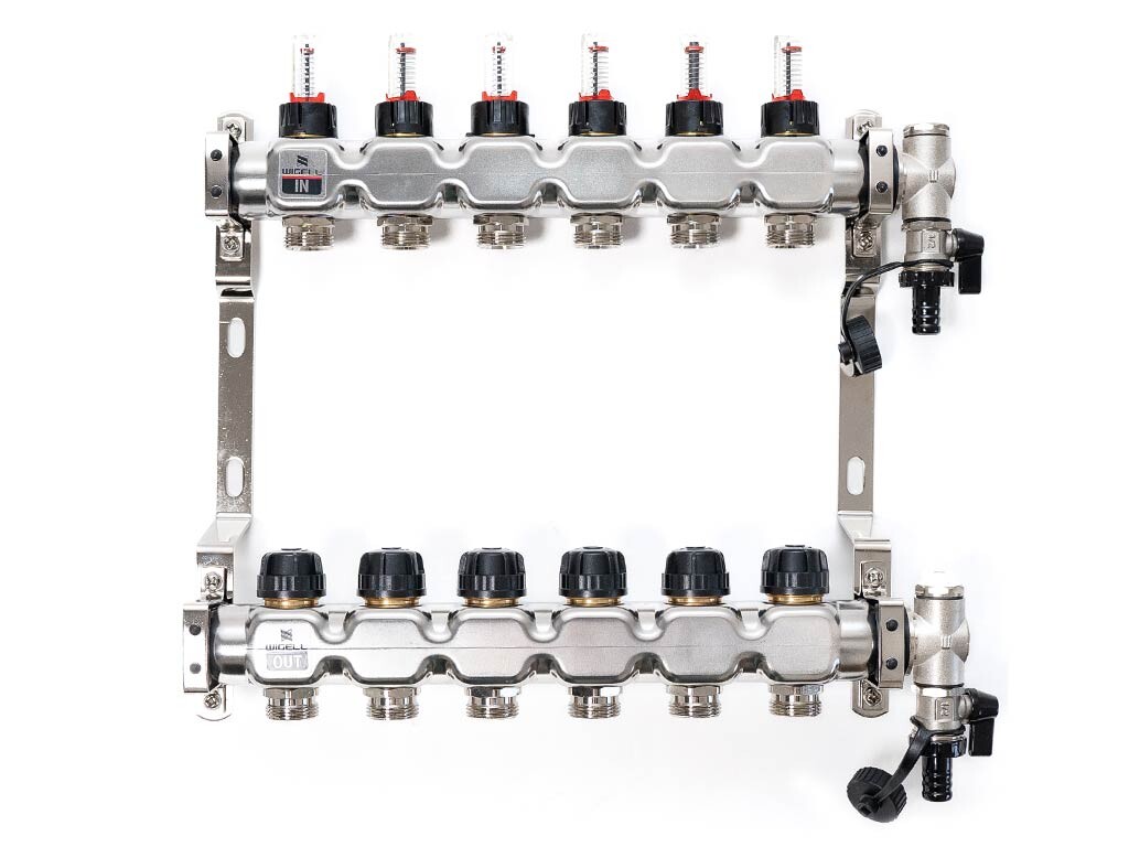 Wigell Podlahový rozdělovač WIGELL, 6 okruhů, nerez + odvzdušňování na klíč