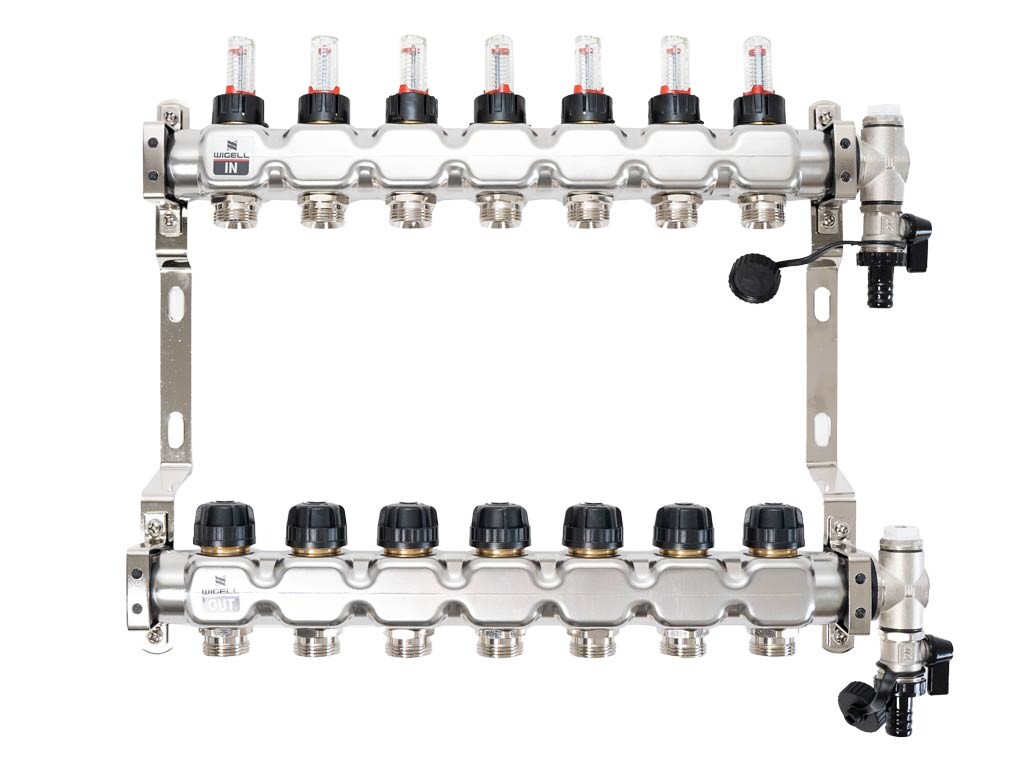 Wigell Podlahový rozdělovač WIGELL, 7 okruhů, nerez + odvzdušňování na klíč
