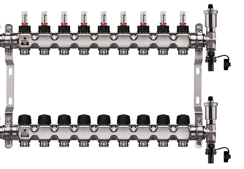 Wigell Podlahový rozdělovač WIGELL, 9 okruhů, nerez + automatické odvzdušňování