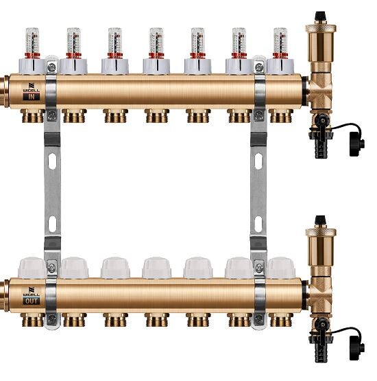 Wigell Podlahový rozdělovač WIGELL, 7 okruhů, mosazný + automatické odvzdušňování