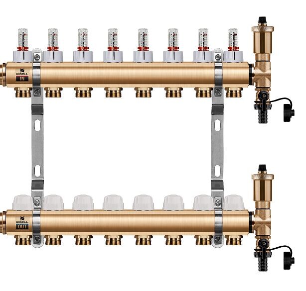Wigell Podlahový rozdělovač WIGELL, 8 okruhů, mosazný + automatické odvzdušňování