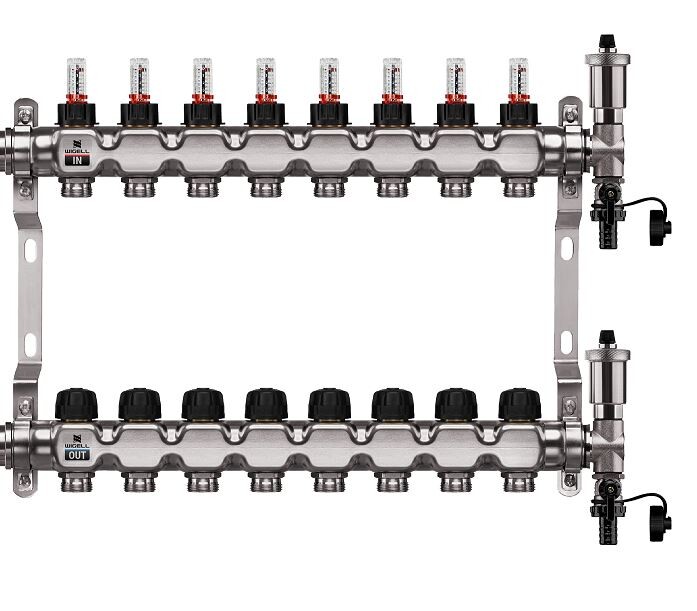 Wigell Podlahový rozdělovač WIGELL, 8 okruhů, nerez + automatické odvzdušňování