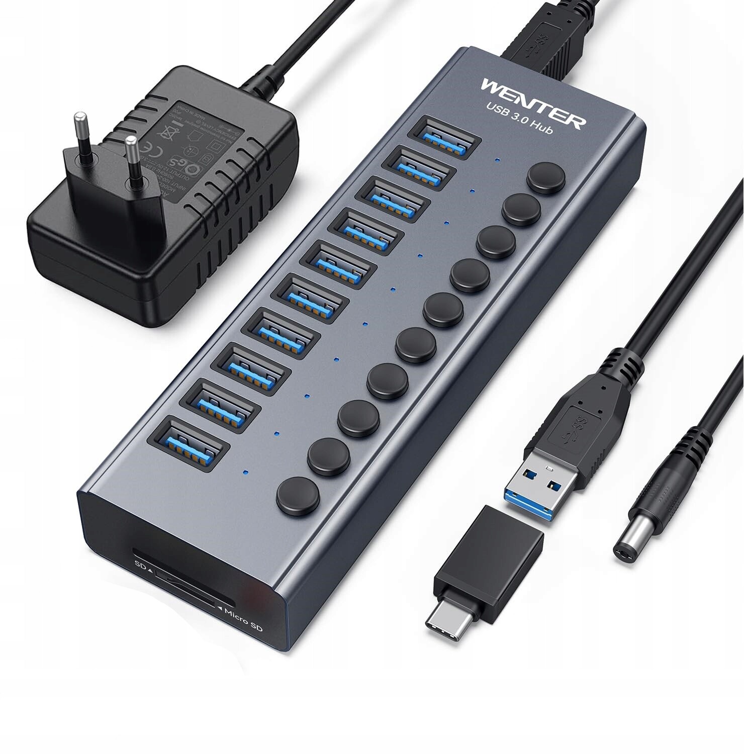 Hub Rozbočovač Koncetrator Usb 3.0 10 Portů 12V Čtečka Sd/tf Karet