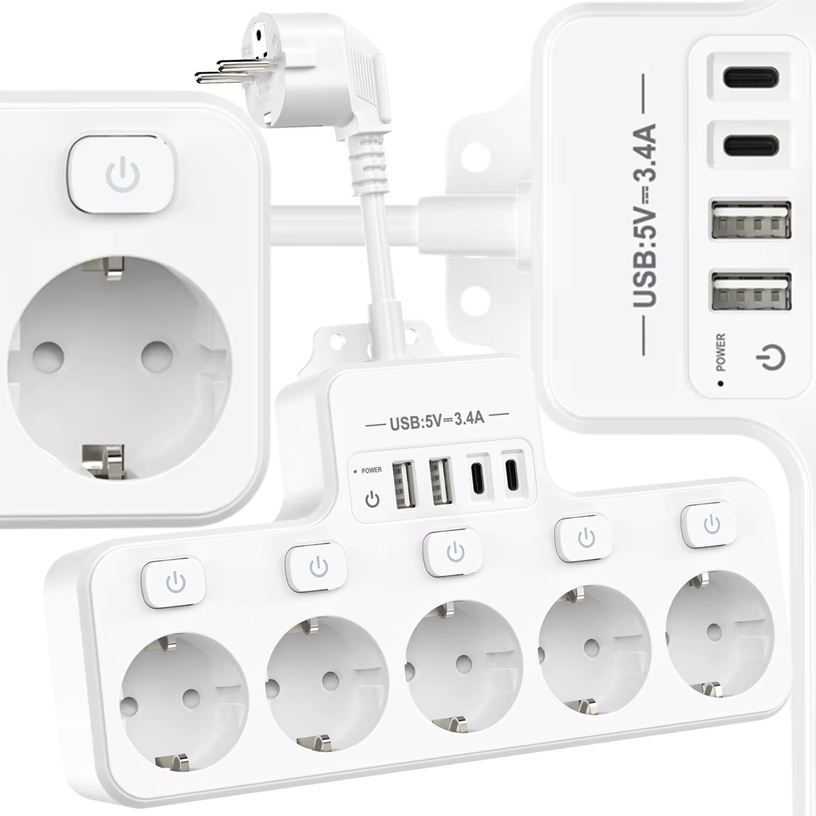 Zásuvková Lišta Prodlužovací kabel s vypínačem 5 zásuvek 4 Usb nabíječka