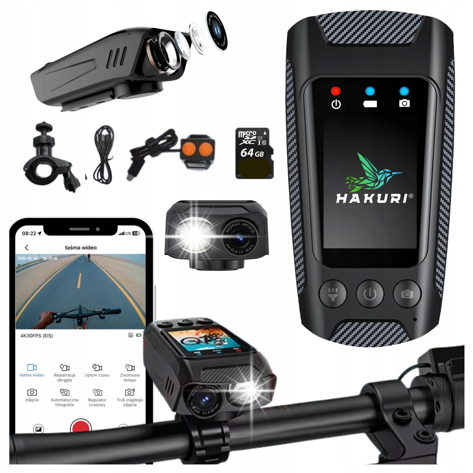 Sportovní kamera Hakuri Cyklistický rekordér 4KVideo Svítilna Klakson 4v1+64G