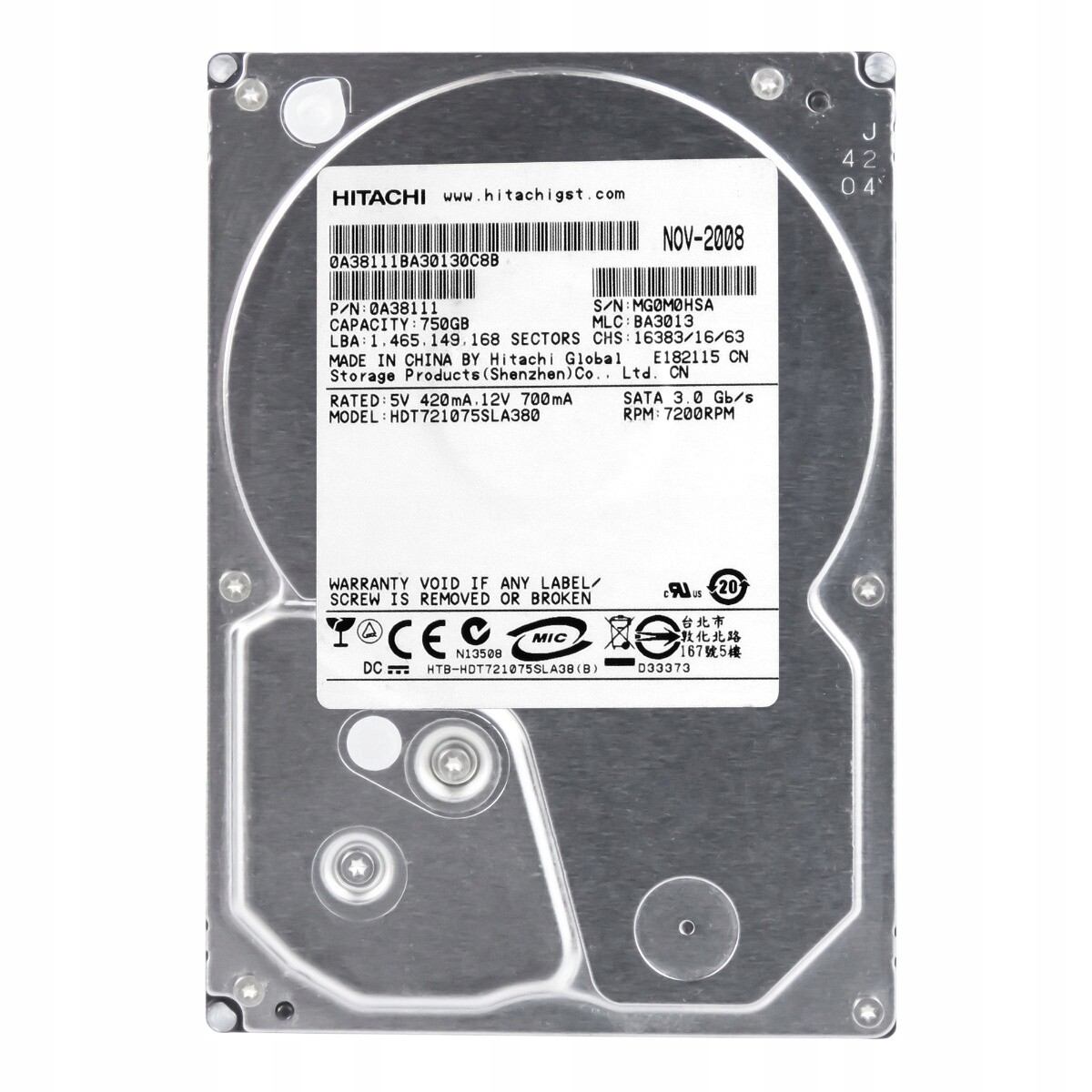 DeskStar 7K1000.B 750GB 7.2K 8MB Sata II 3.5'' HDT721075SLA380